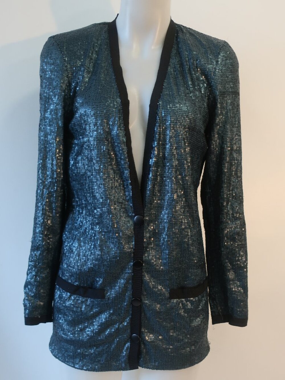 Womens Robert Rodriguez Teal Black (Item- 16) Sequin V-Neck Cardigan 2